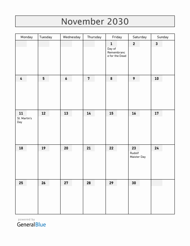 Slovenia November 2030 Calendar with Holidays