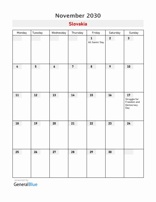 Slovakia November 2030 Calendar with Holidays