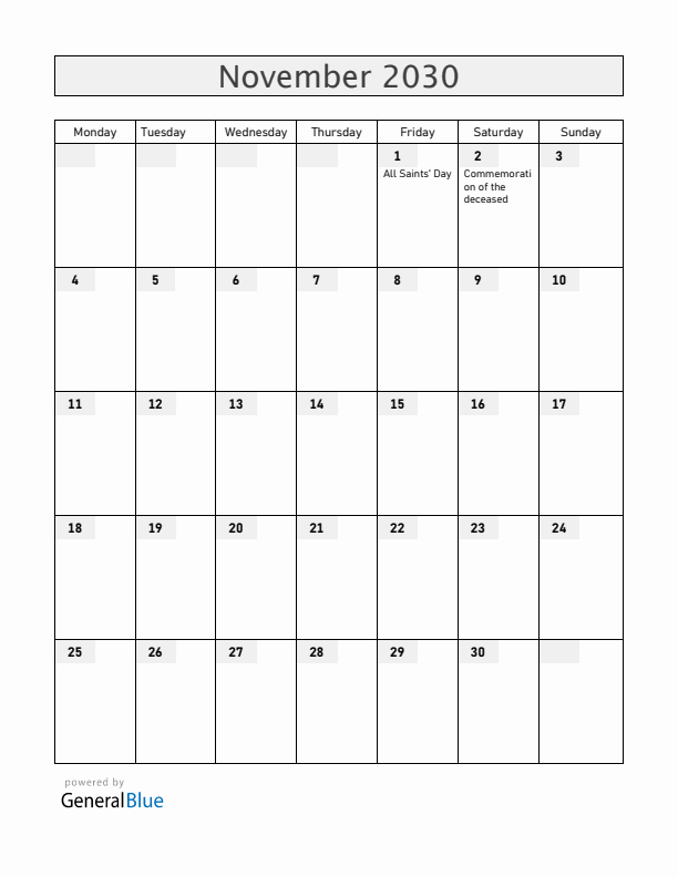 San Marino November 2030 Calendar with Holidays