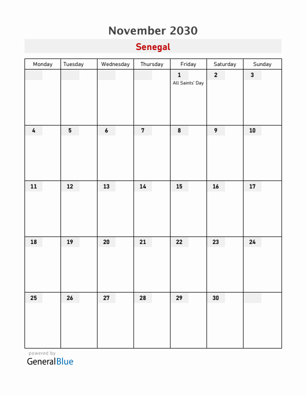 Senegal November 2030 Calendar with Holidays