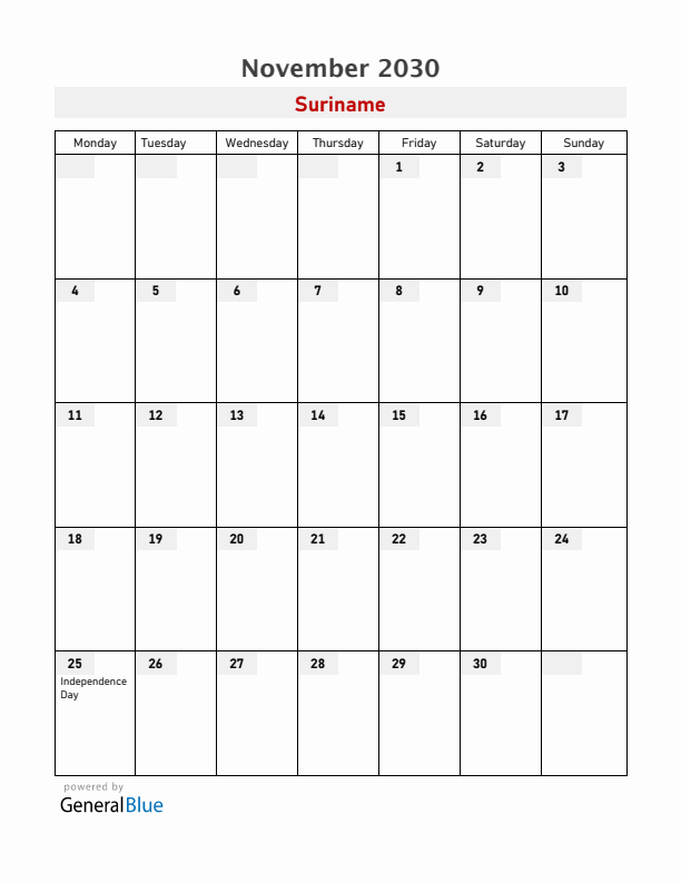 Suriname November 2030 Calendar with Holidays