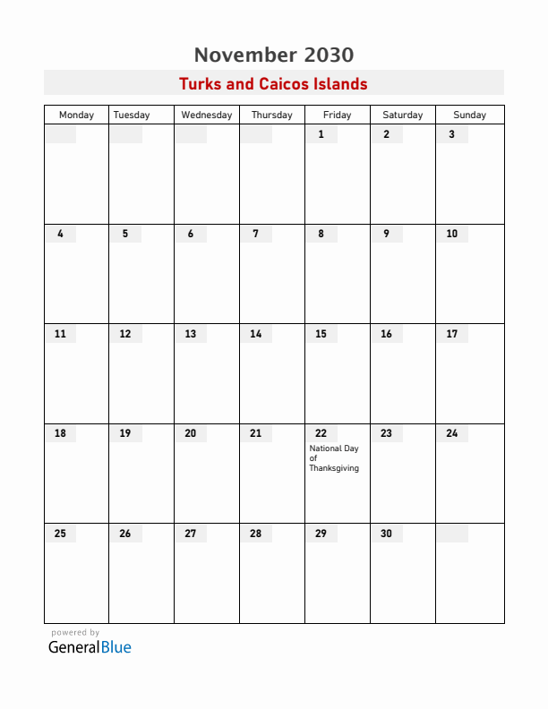 Turks and Caicos Islands November 2030 Calendar with Holidays
