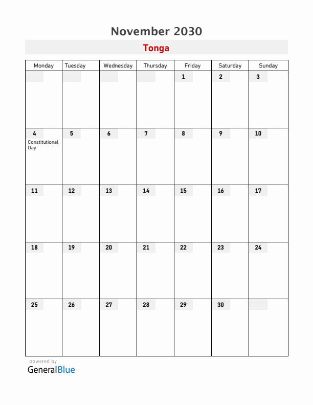 Tonga November 2030 Calendar with Holidays