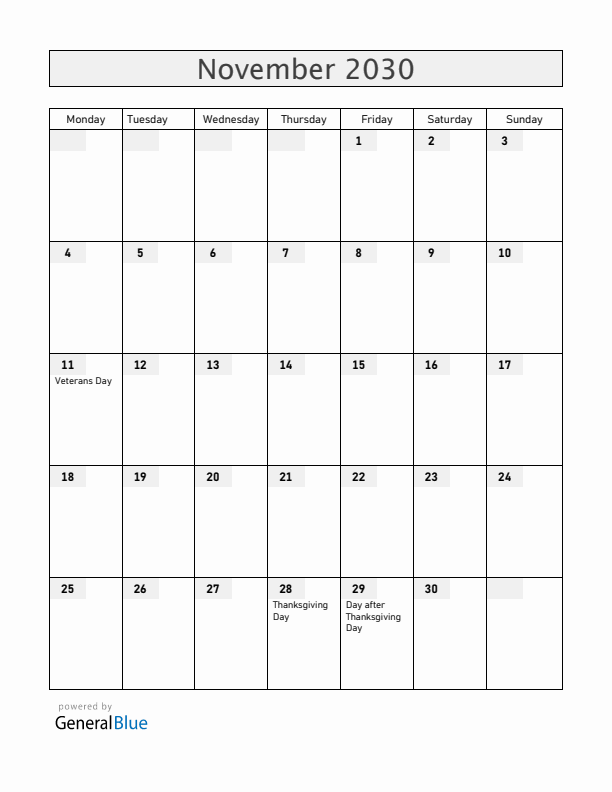 United States November 2030 Calendar with Holidays