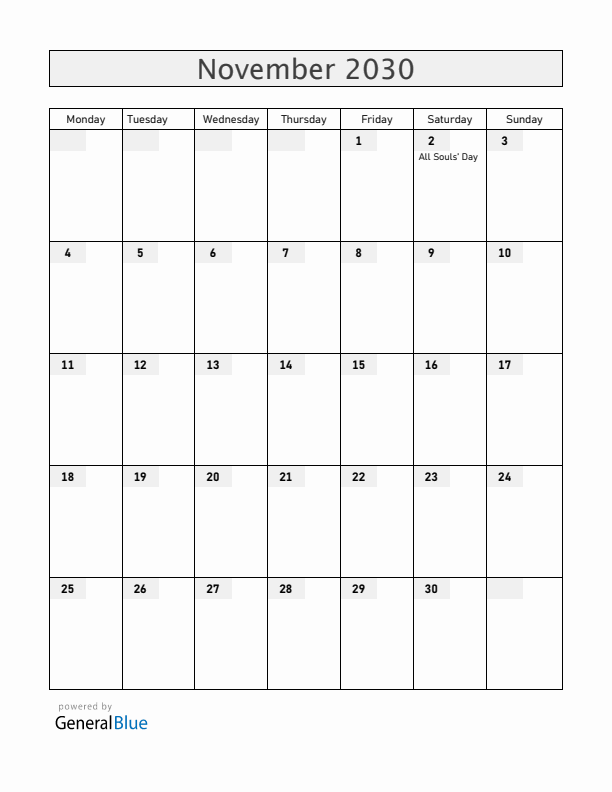 Uruguay November 2030 Calendar with Holidays