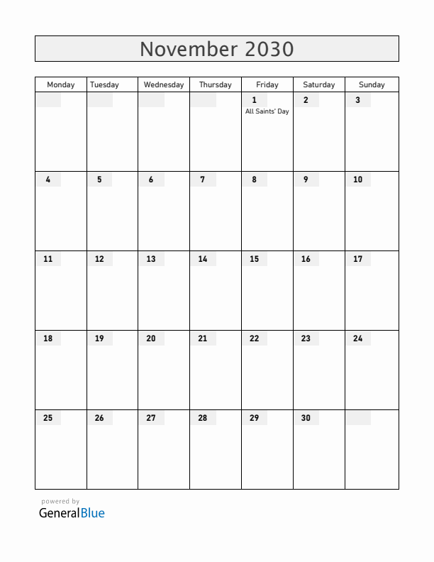 Vatican November 2030 Calendar with Holidays