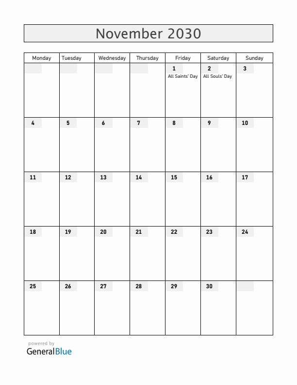 Venezuela November 2030 Calendar with Holidays