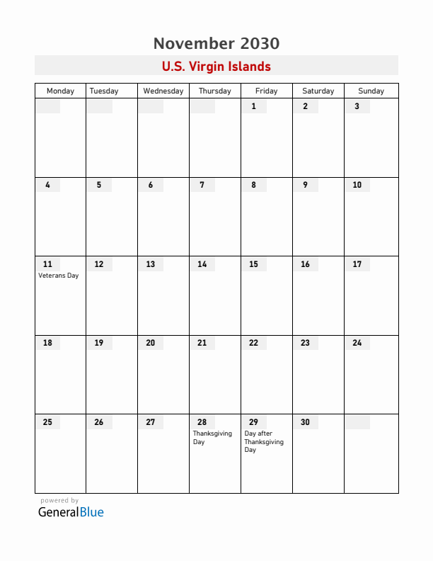 U.S. Virgin Islands November 2030 Calendar with Holidays
