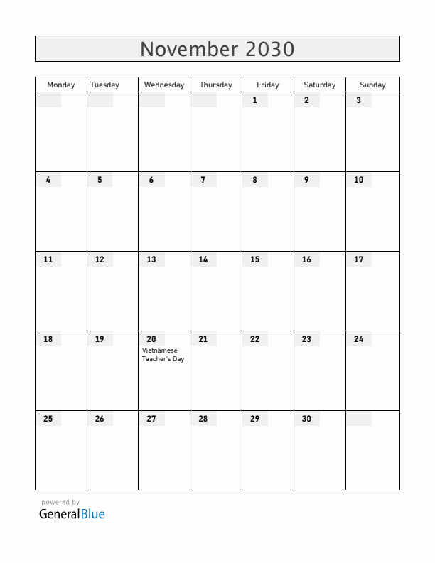 Vietnam November 2030 Calendar with Holidays