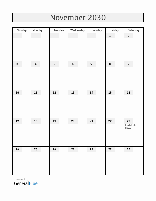 United Arab Emirates November 2030 Calendar with Holidays