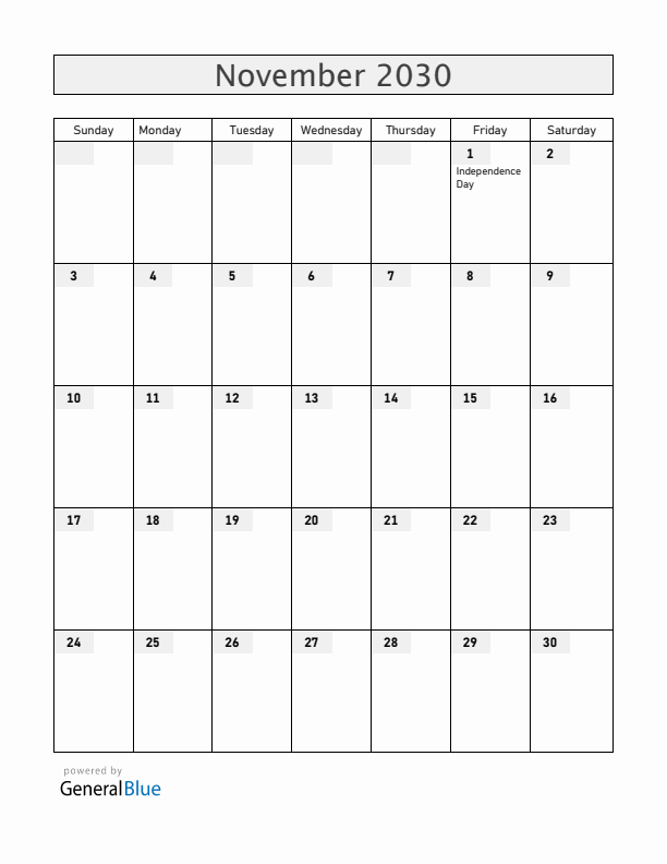 Antigua and Barbuda November 2030 Calendar with Holidays