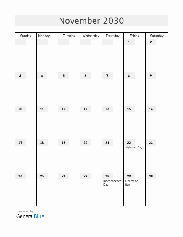 Albania November 2030 Calendar with Holidays