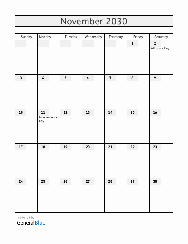 Angola November 2030 Calendar with Holidays