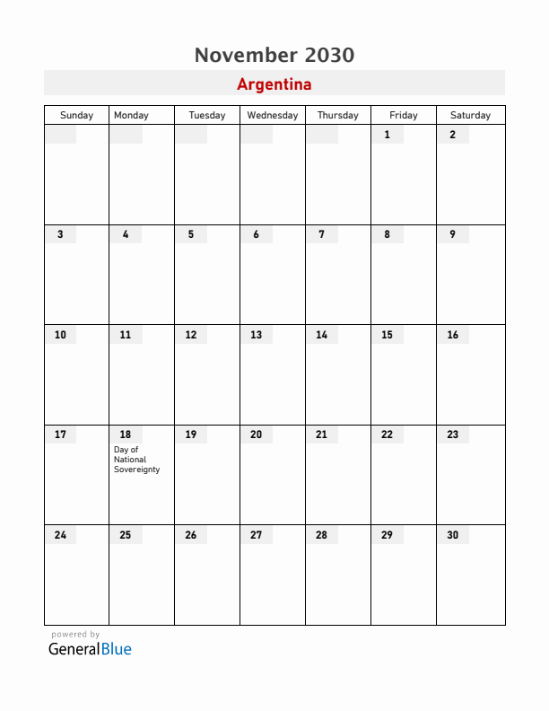 Argentina November 2030 Calendar with Holidays