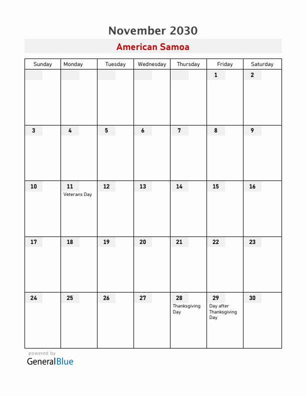 American Samoa November 2030 Calendar with Holidays