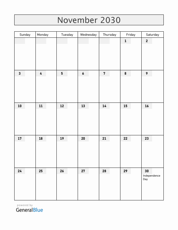Barbados November 2030 Calendar with Holidays