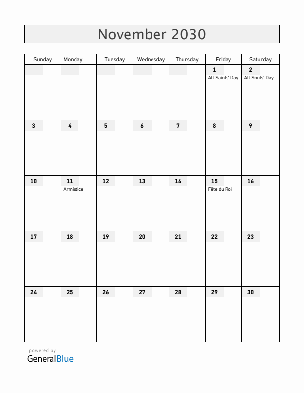 Belgium November 2030 Calendar with Holidays