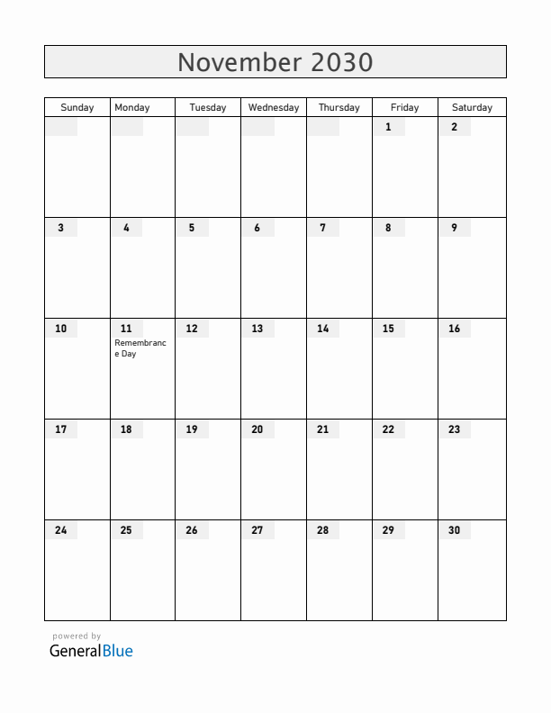 Bermuda November 2030 Calendar with Holidays