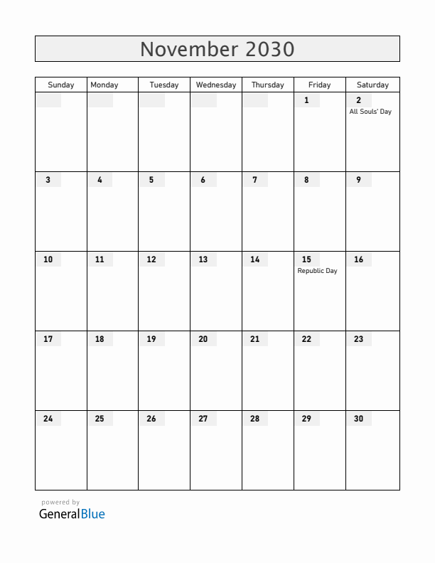 Brazil November 2030 Calendar with Holidays