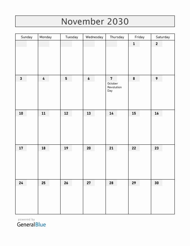 Belarus November 2030 Calendar with Holidays