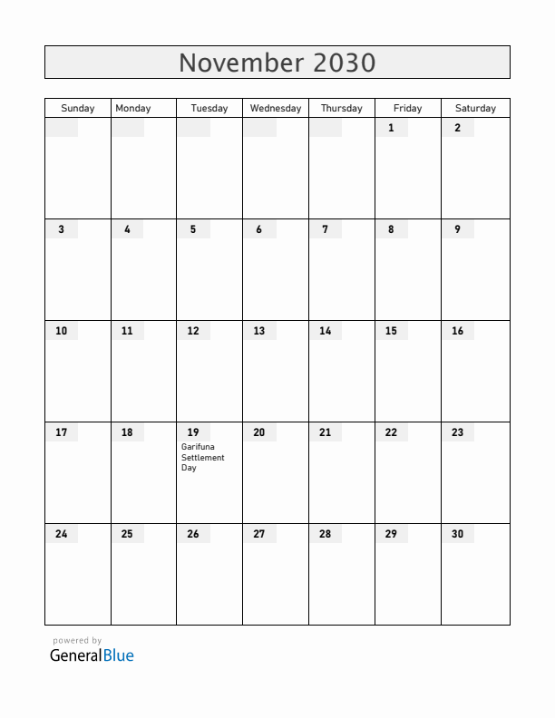 Belize November 2030 Calendar with Holidays