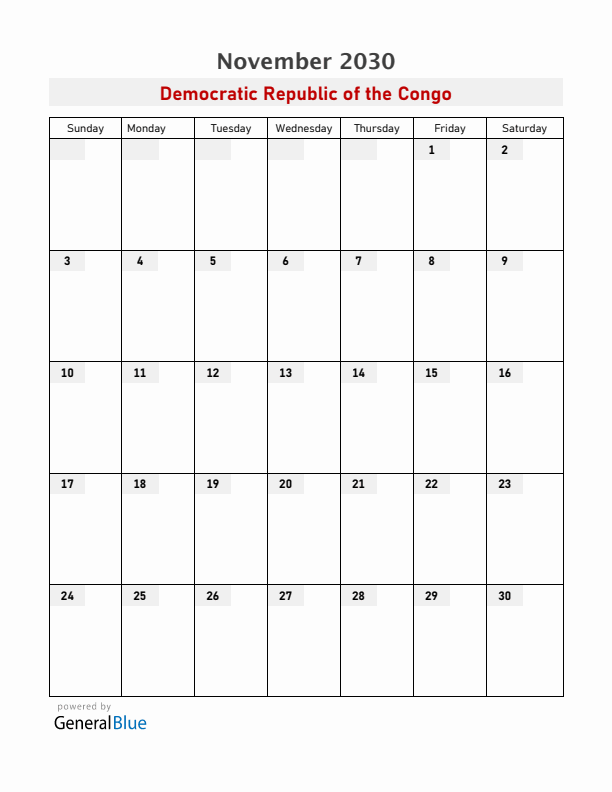 Democratic Republic of the Congo November 2030 Calendar with Holidays