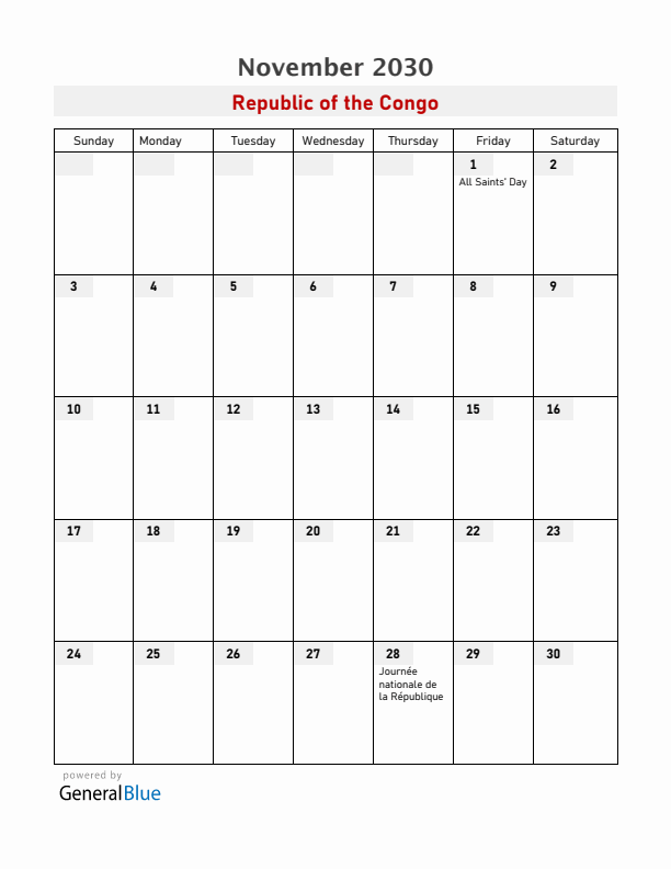 Republic of the Congo November 2030 Calendar with Holidays