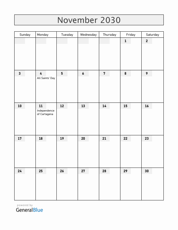 Colombia November 2030 Calendar with Holidays