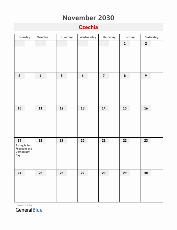 Czechia November 2030 Calendar with Holidays