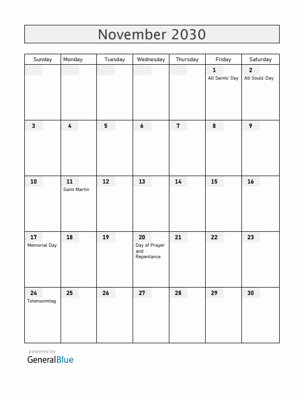 Germany November 2030 Calendar with Holidays