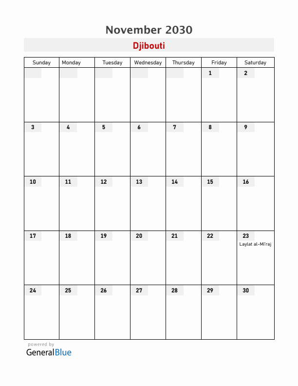 Djibouti November 2030 Calendar with Holidays