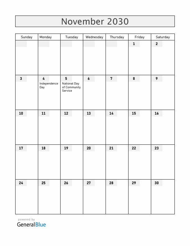 Dominica November 2030 Calendar with Holidays