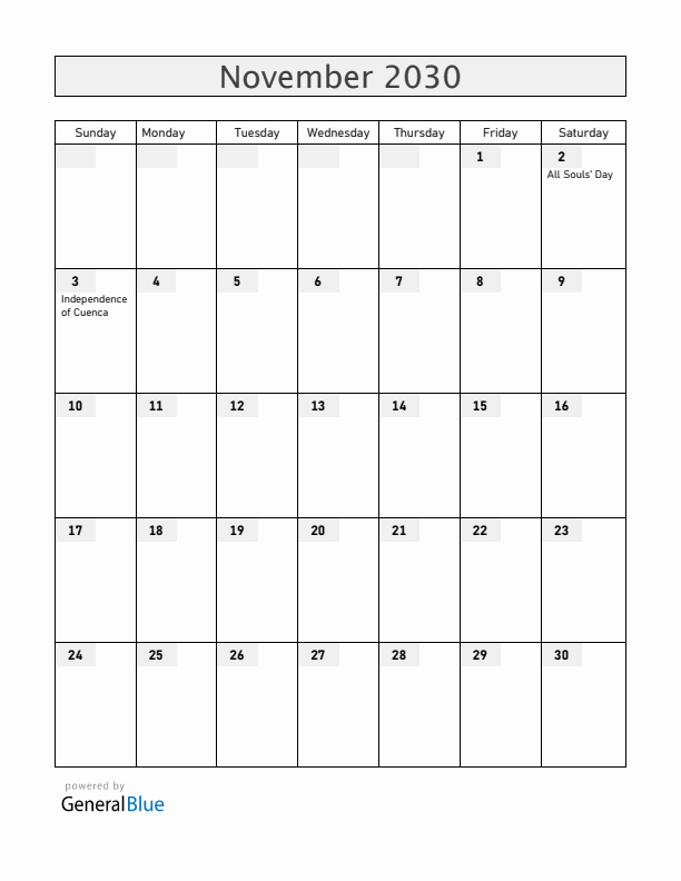 Ecuador November 2030 Calendar with Holidays