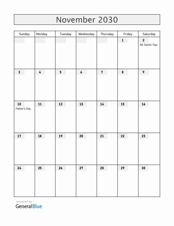 Finland November 2030 Calendar with Holidays
