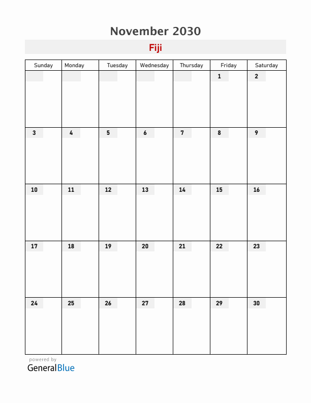 Fiji November 2030 Calendar with Holidays