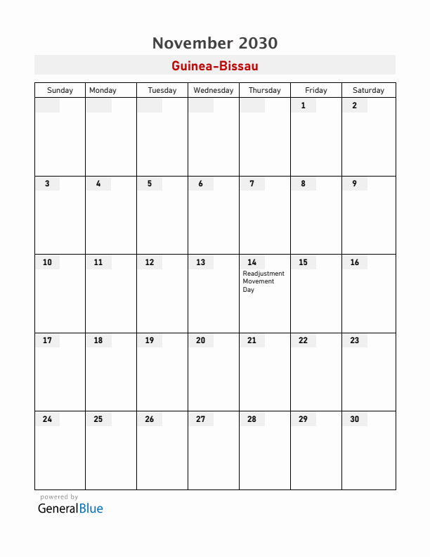 Guinea-Bissau November 2030 Calendar with Holidays