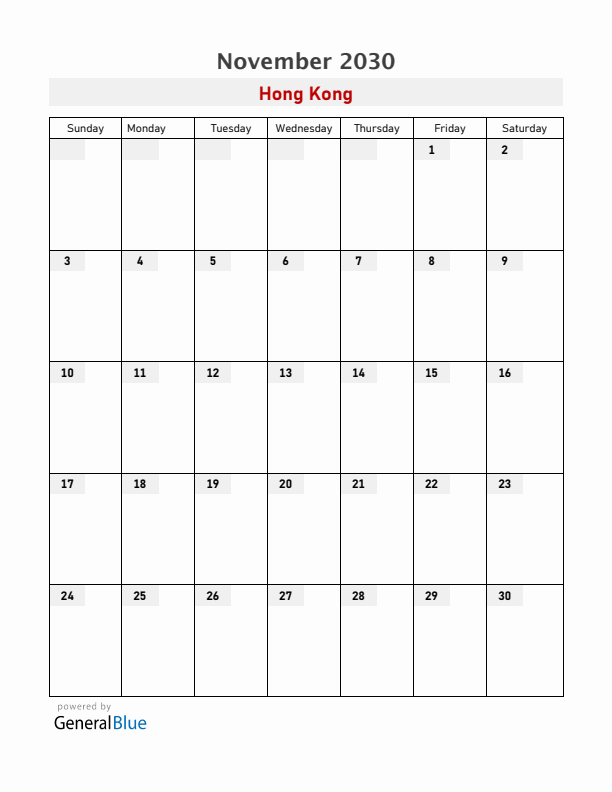 Hong Kong November 2030 Calendar with Holidays