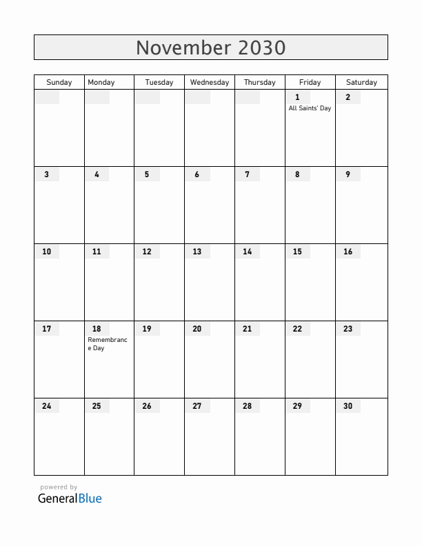 Croatia November 2030 Calendar with Holidays