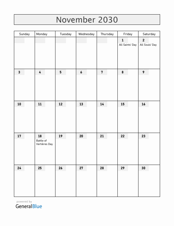 Haiti November 2030 Calendar with Holidays