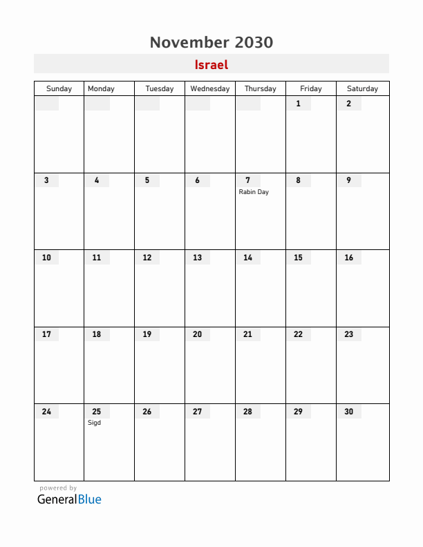 Israel November 2030 Calendar with Holidays