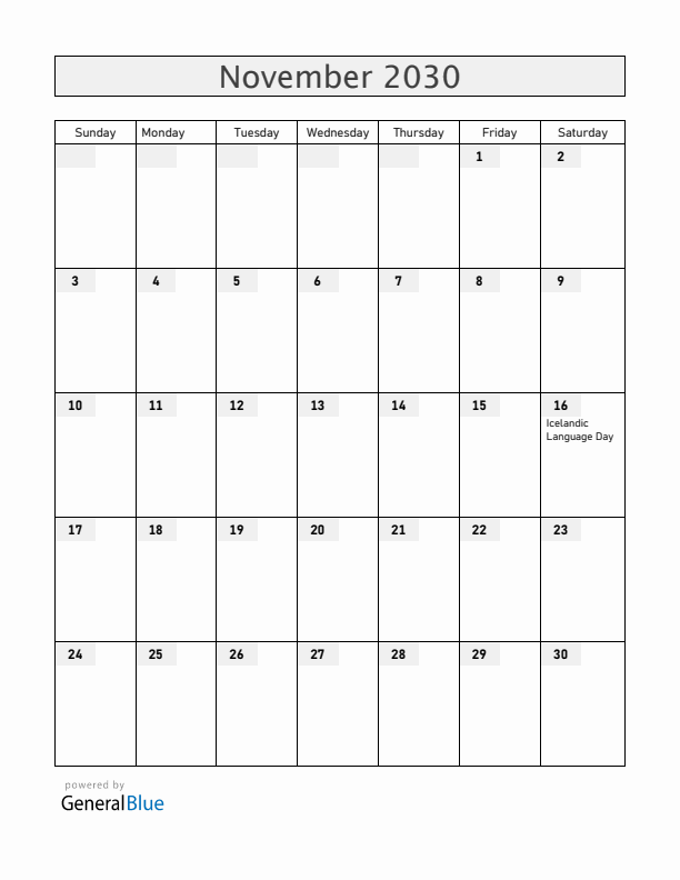 Iceland November 2030 Calendar with Holidays