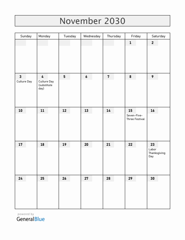 Japan November 2030 Calendar with Holidays