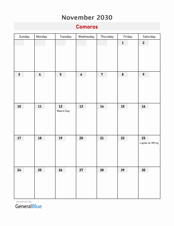 Comoros November 2030 Calendar with Holidays