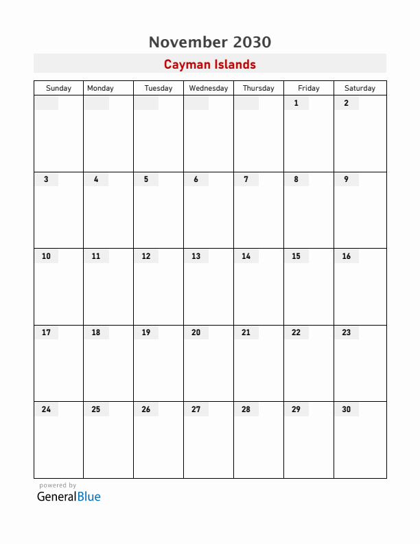 Cayman Islands November 2030 Calendar with Holidays