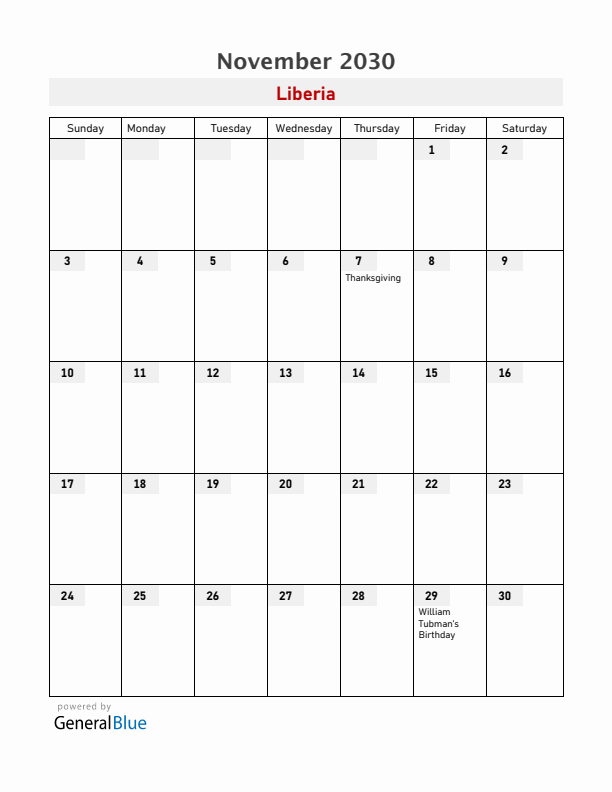 Liberia November 2030 Calendar with Holidays