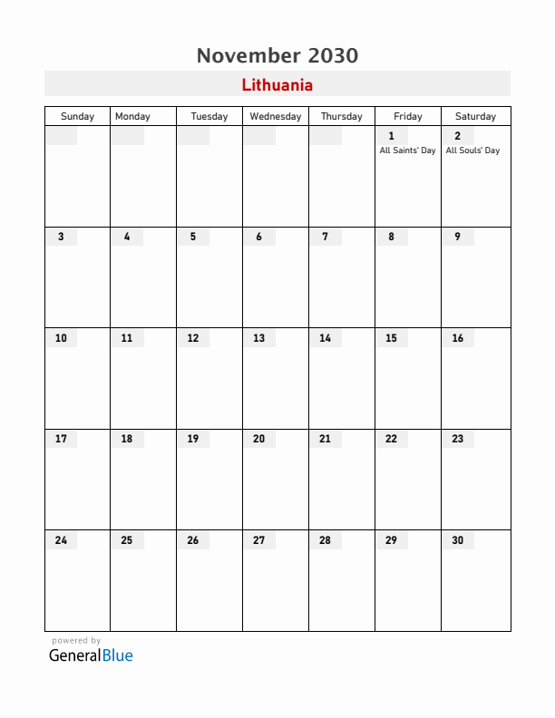 Lithuania November 2030 Calendar with Holidays