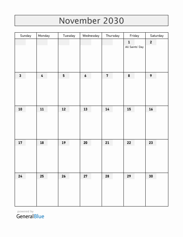 Luxembourg November 2030 Calendar with Holidays