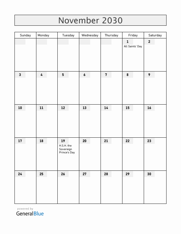 Monaco November 2030 Calendar with Holidays