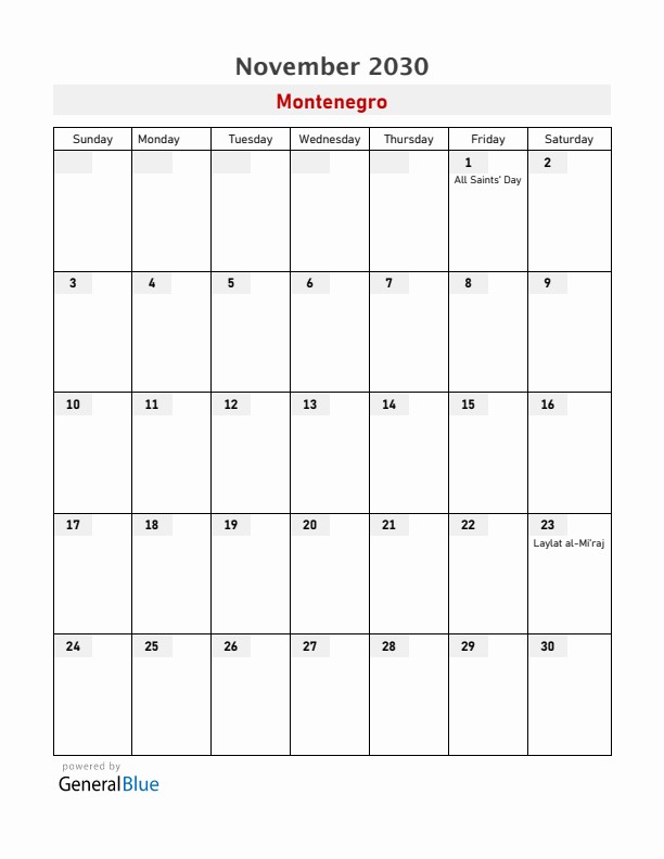 Montenegro November 2030 Calendar with Holidays