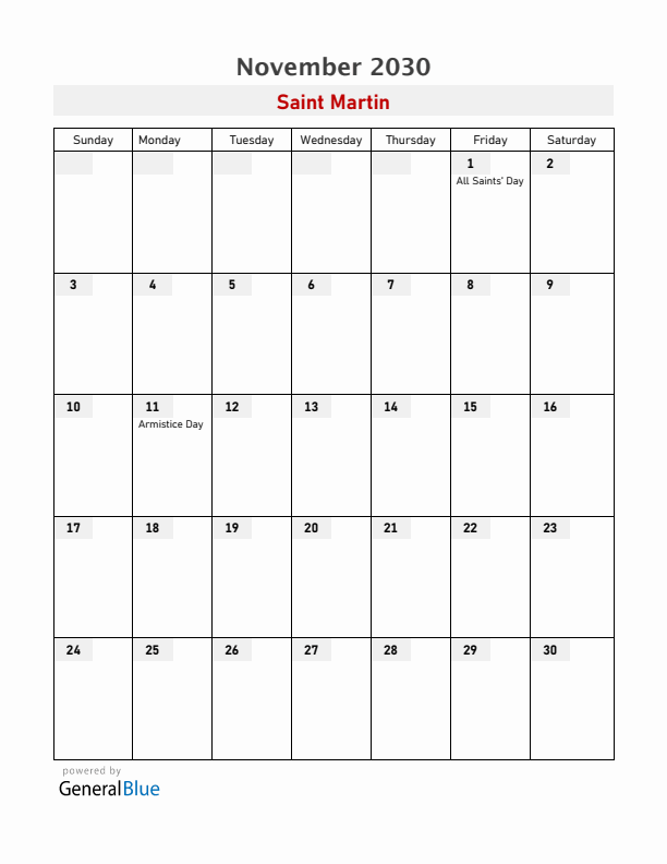 Saint Martin November 2030 Calendar with Holidays